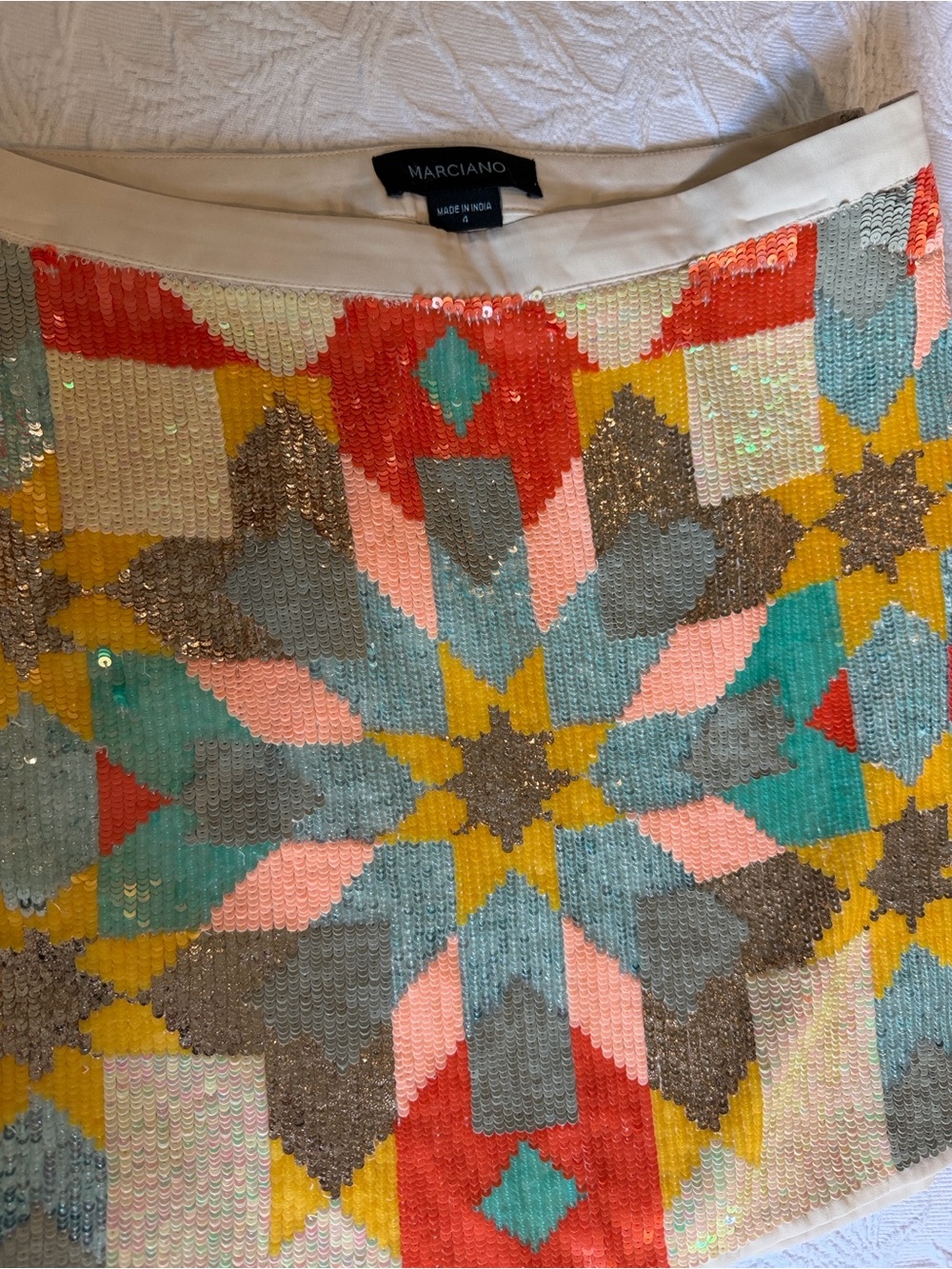 Marciano Multicolor Sequin Geometric Mini Skirt in Coral, Teal & Yellow